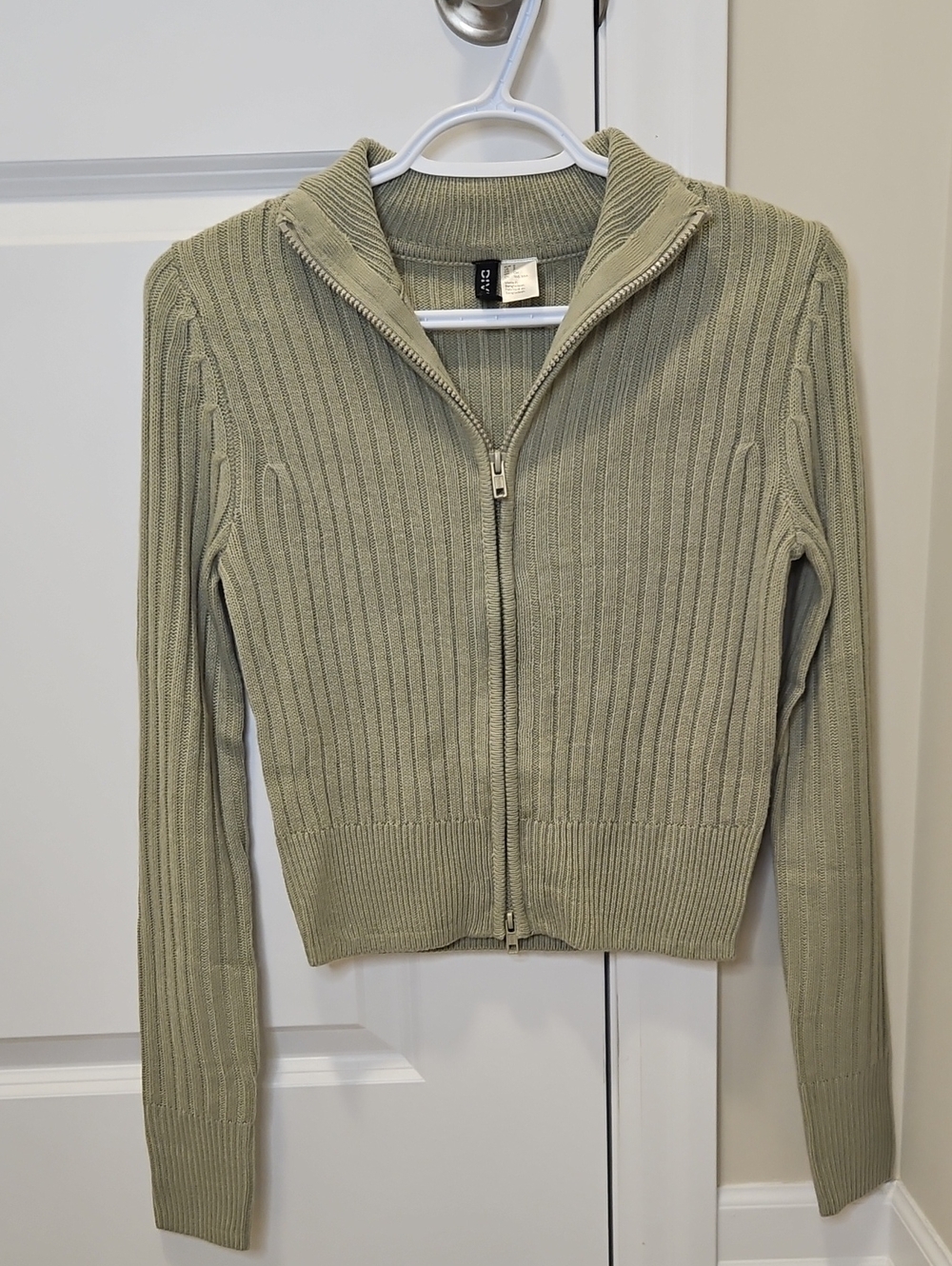 H&M Zip-Front Ribbed Cardigan in Light Sage
